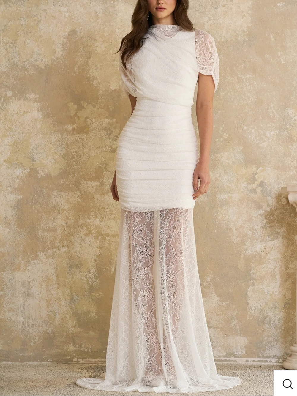 Miss Rossier Sheer Lace-Overlay White Wedding Dress with Fitted Bodice